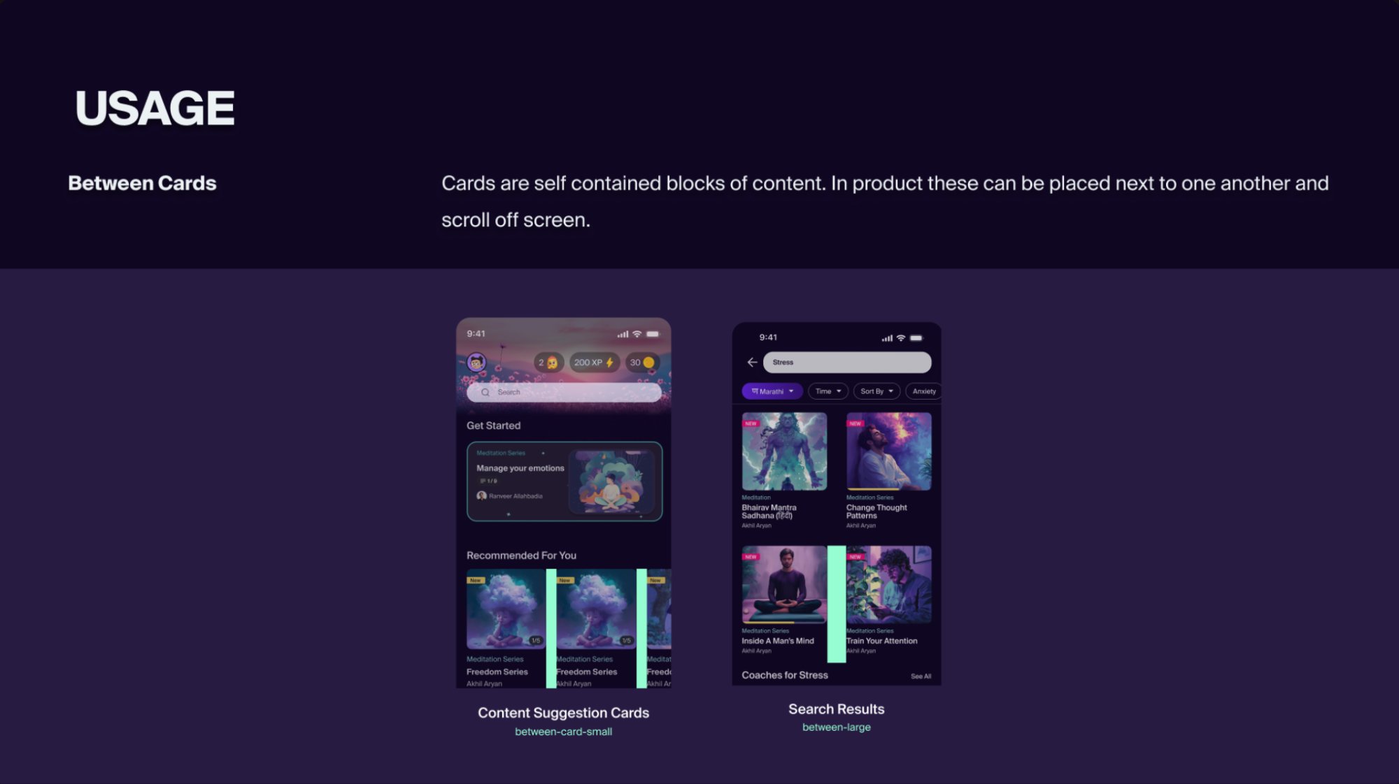 Between Cards usage spec showing token applied in real app screens