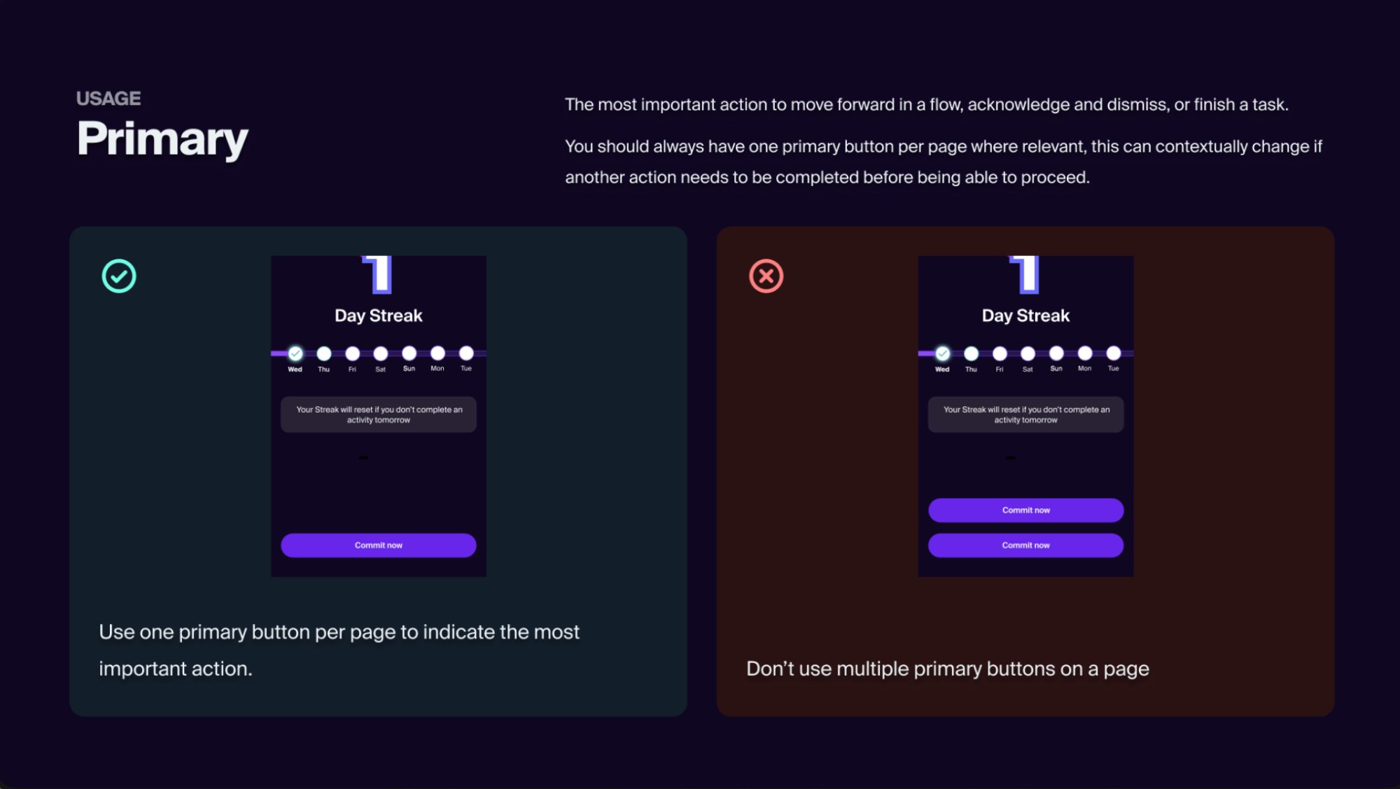 Primary button usage spec showing correct and incorrect usage